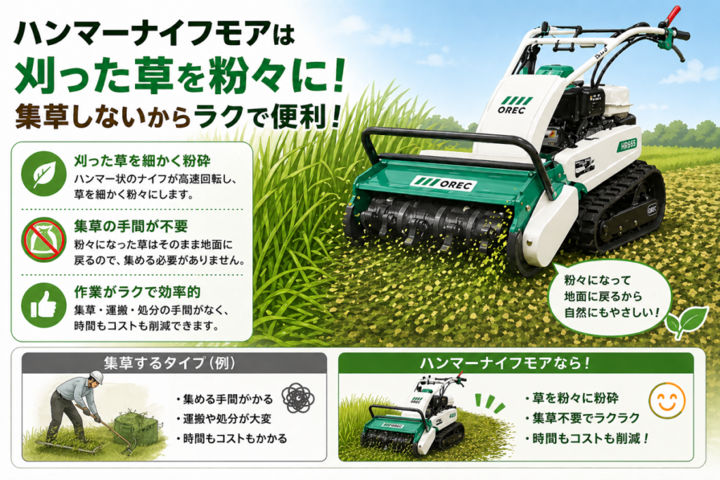 ハンマーナイフモアは刈った草は粉々になって集草しないで便利