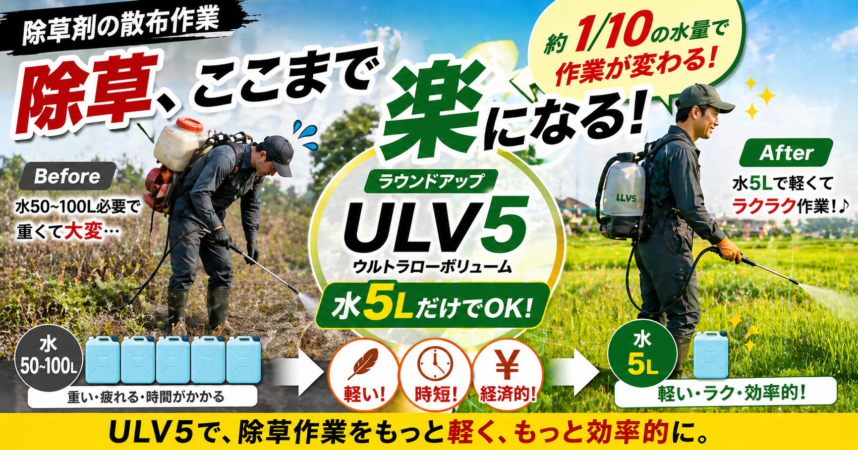 【2026年版】ラウンドアップ ULV5ノズルで除草が10倍楽になる！重さ・飛散・時間をすべて解決