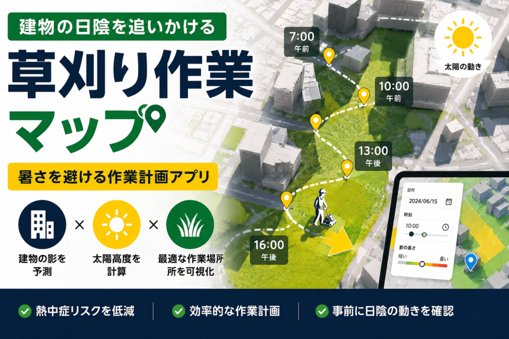 建物の日陰を追いかける草刈り作業マップ｜暑さを避ける作業計画アプリ